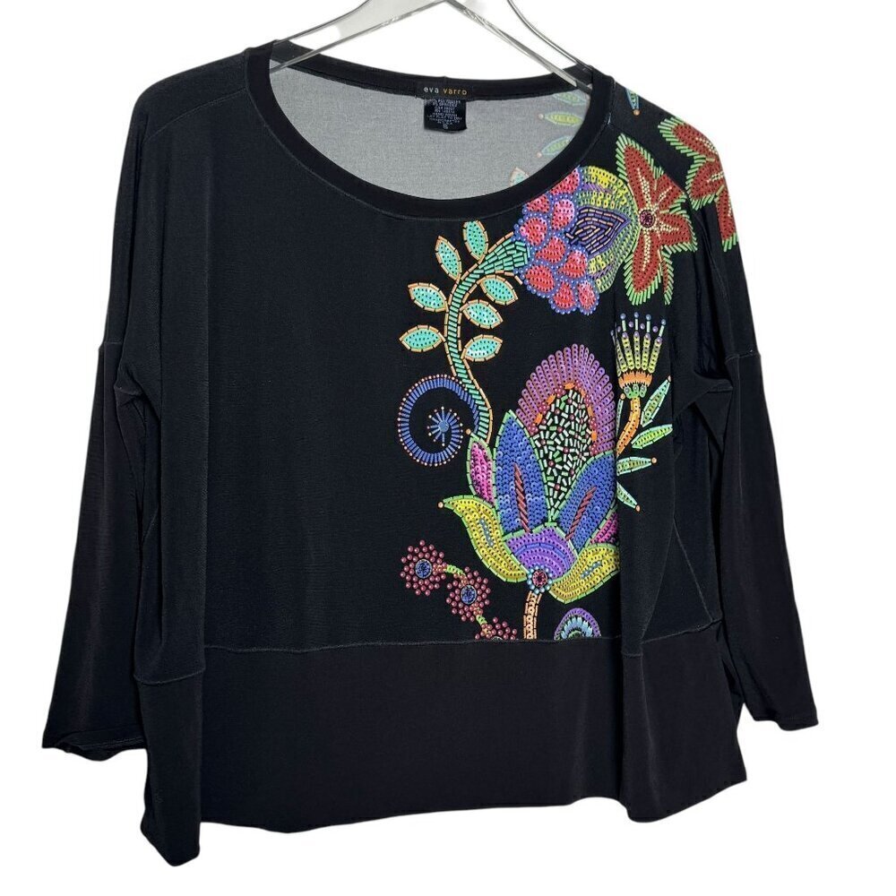 Eva Varro slinky jersey top black size small dolman sleeves bright print shirt - Picture 3 of 7